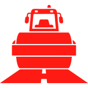 Red road roller icon on black background.