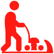 Red icon of person mowing lawn.
