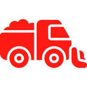 Red dump truck icon on black background.
