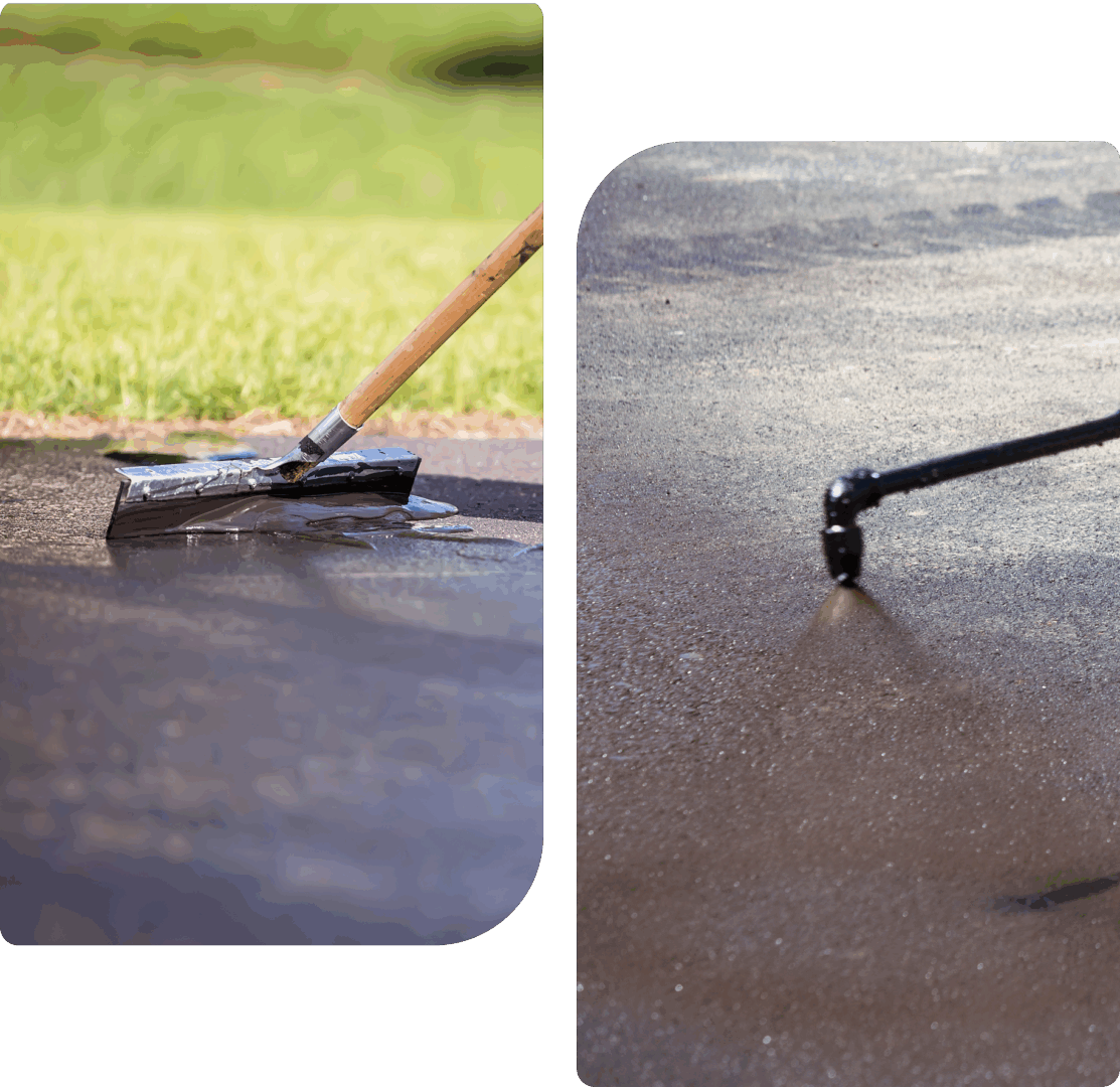 Applying sealant on asphalt driveway surfaces.
