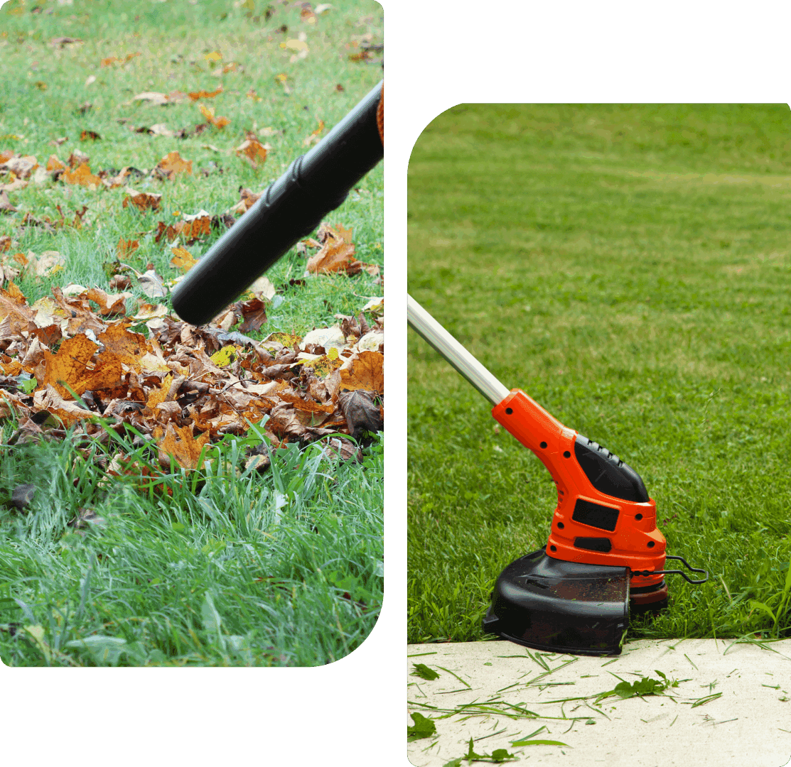 Leaf blower and grass trimmer in use.